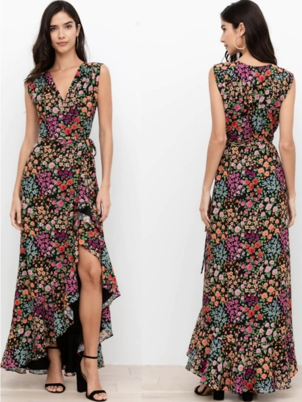 Yumi Kim Kingston Garden Print Black Floral Venezia Sleeveless Wrap Maxi Dress M